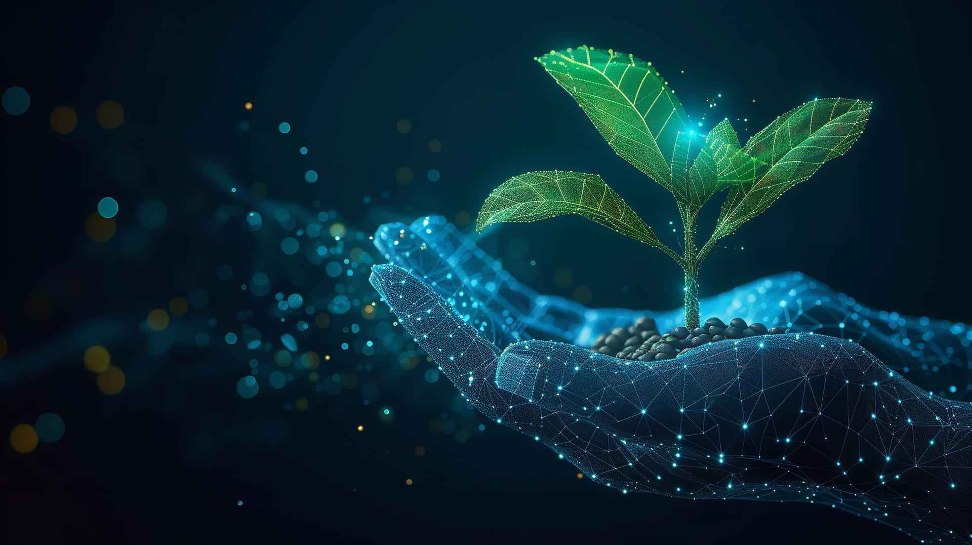 Una pianta in wireframe digitale appoggiata su una mano aperta: l'agricoltura incontra l'intelligenza artificiale.