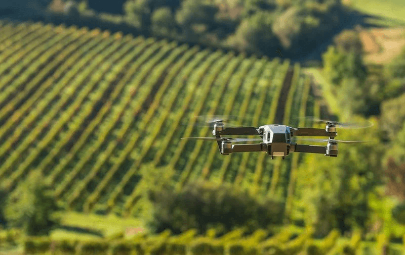 Un drone in volo per il rilievo aereo sui filari di un vigneto collinare italiano.