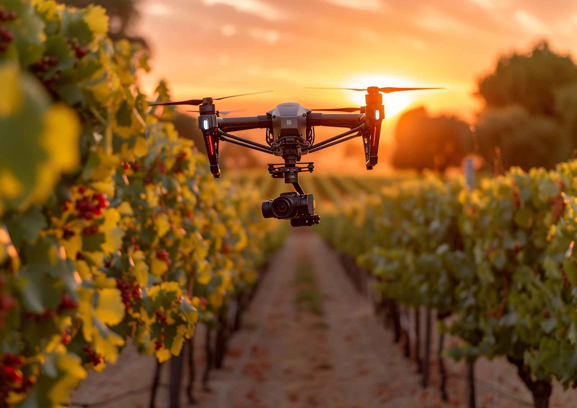 Un drone autonomo sorvola un vigneto italiano al tramonto.