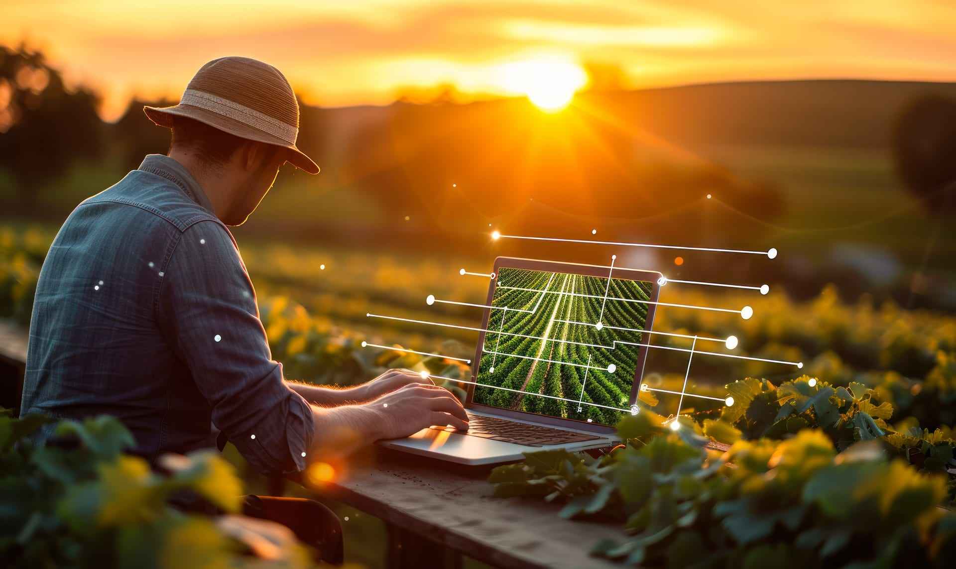 Un viticoltore al laptop in un vigneto italiano al tramonto, con sovrapposizioni di dati.